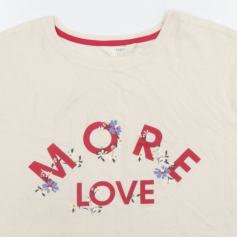 Marks and Spencer Womens Ivory Cotton Basic T-Shirt Size M Round Neck - More Love