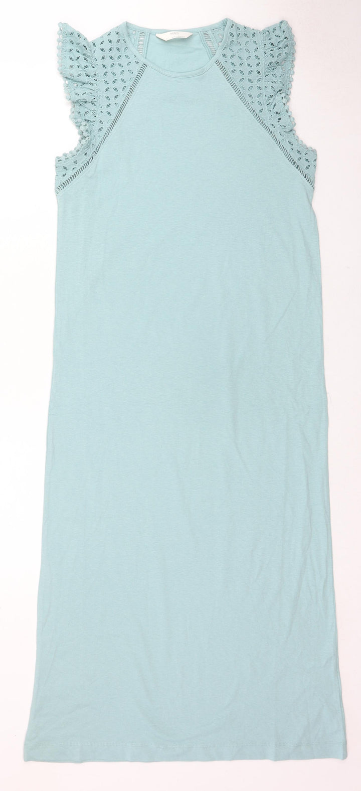 Marks and Spencer Womens Blue Cotton A-Line Size XS Round Neck Pullover - Broderie Anglaise Sleeve