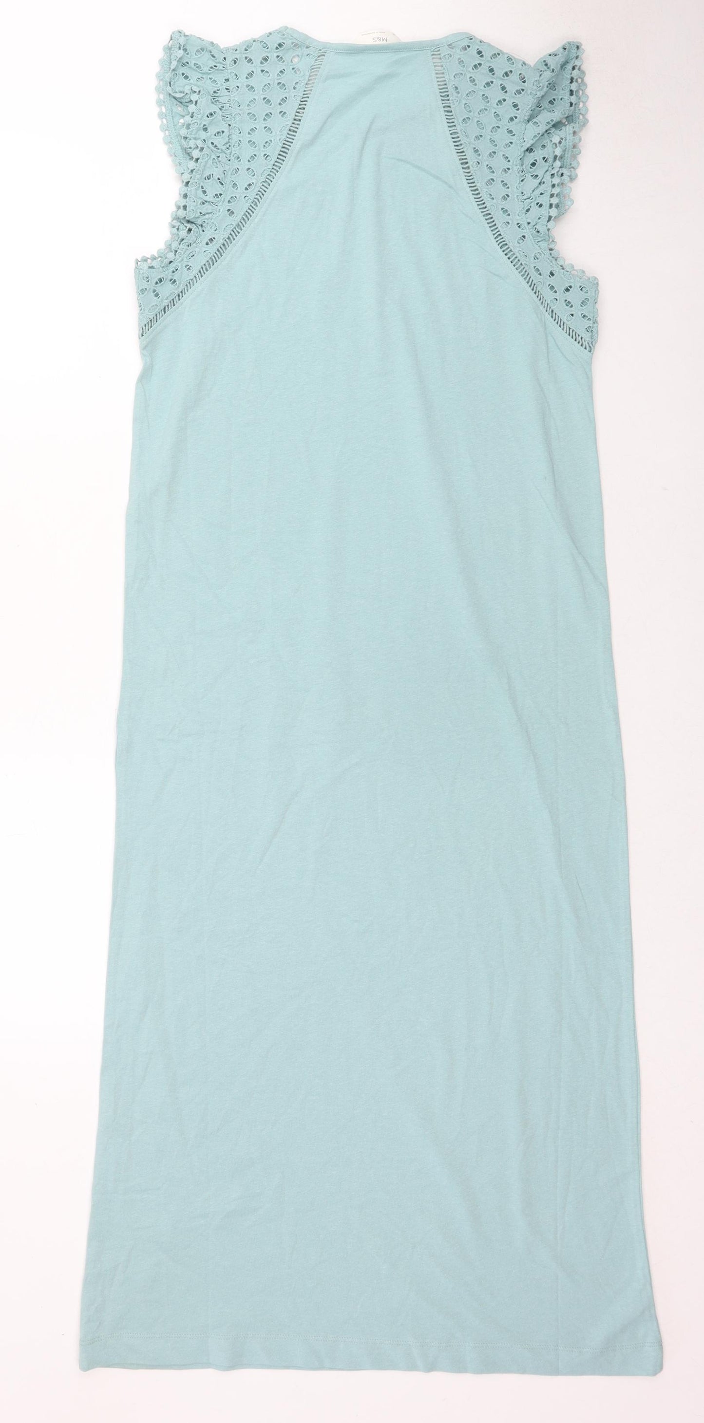 Marks and Spencer Womens Blue Cotton A-Line Size XS Round Neck Pullover - Broderie Anglaise Sleeve