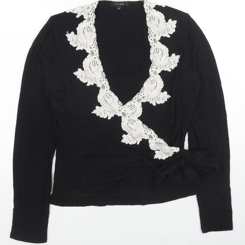 Linea Womens Black Viscose Wrap T-Shirt Size S V-Neck - Lace Trim