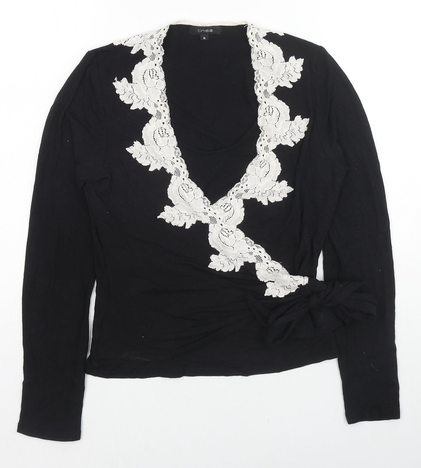 Linea Womens Black Viscose Wrap T-Shirt Size S V-Neck - Lace Trim
