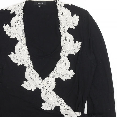 Linea Womens Black Viscose Wrap T-Shirt Size S V-Neck - Lace Trim
