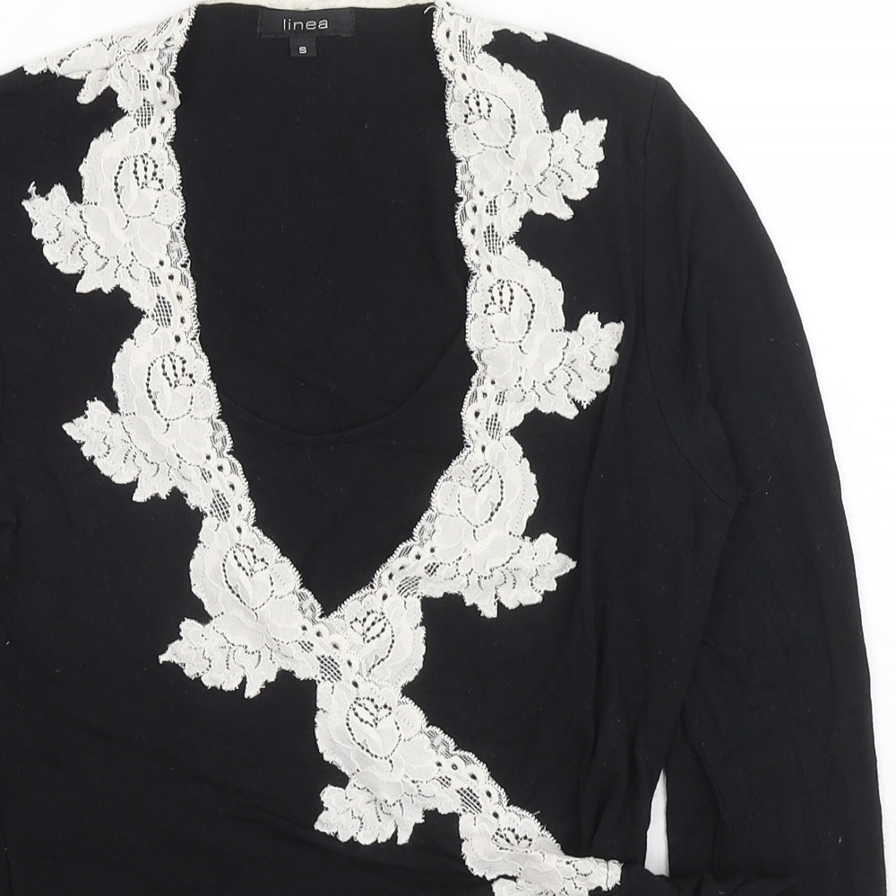 Linea Womens Black Viscose Wrap T-Shirt Size S V-Neck - Lace Trim