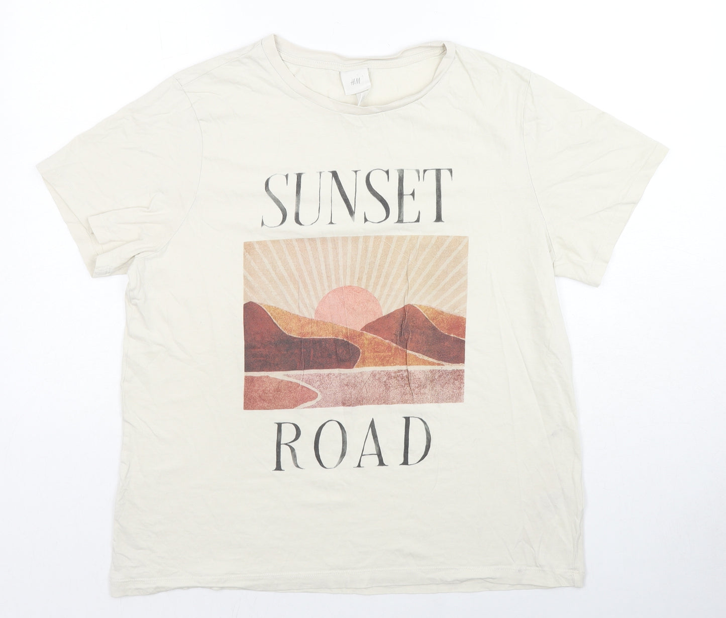 H&M Mens Ivory Cotton T-Shirt Size L Crew Neck - Sunset Road