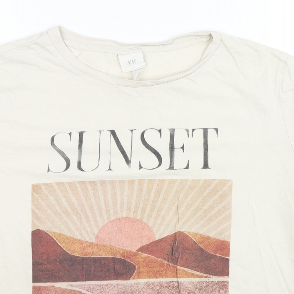 H&M Mens Ivory Cotton T-Shirt Size L Crew Neck - Sunset Road