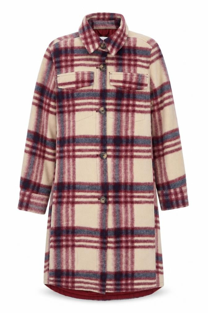 Front view of H&M women’s multicoloured geometric overcoat coat, size XS, button