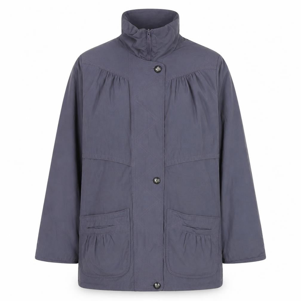 Front view of Telemac women’s purple parka coat, size UK 10, zip