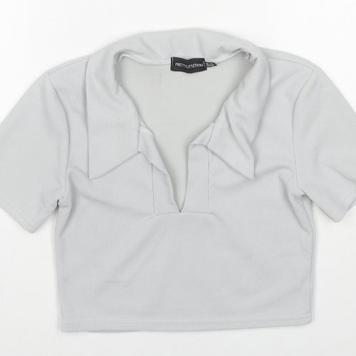 PRETTYLITTLETHING Womens Grey Polyester Cropped Polo Size 12 Collared - Ribbed