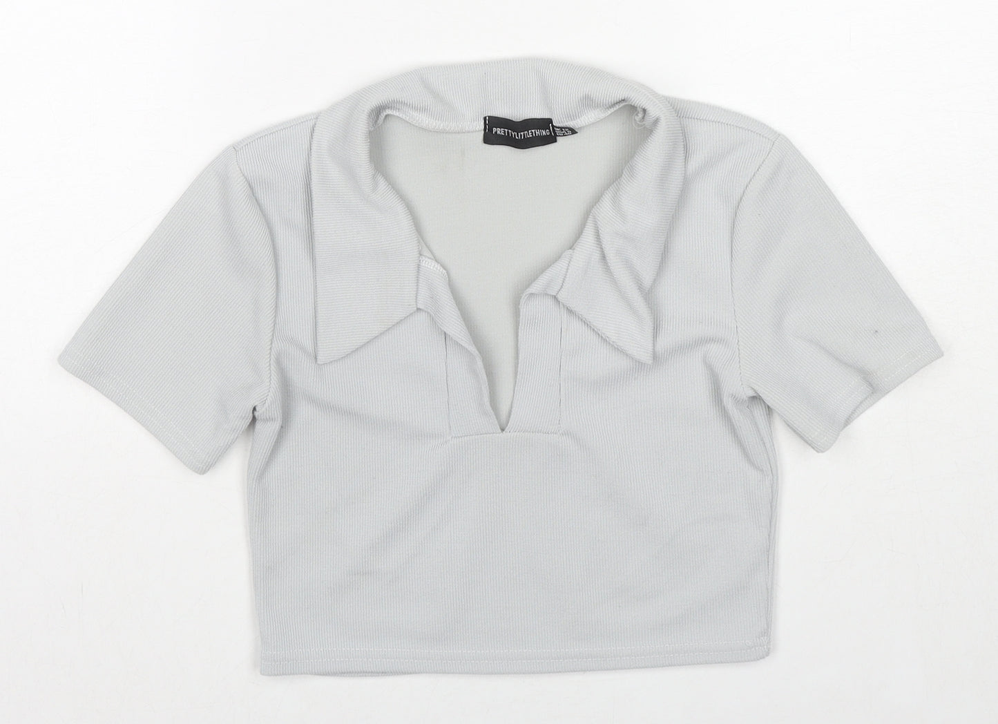 PRETTYLITTLETHING Womens Grey Polyester Cropped Polo Size 12 Collared - Ribbed