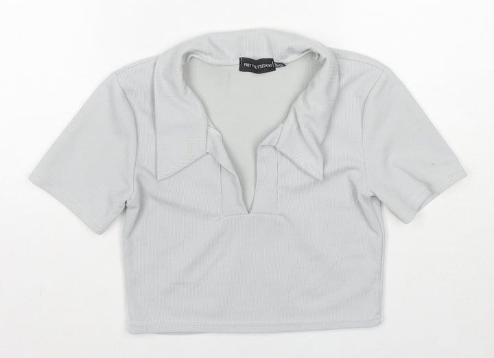PRETTYLITTLETHING Womens Grey Polyester Cropped Polo Size 12 Collared - Ribbed