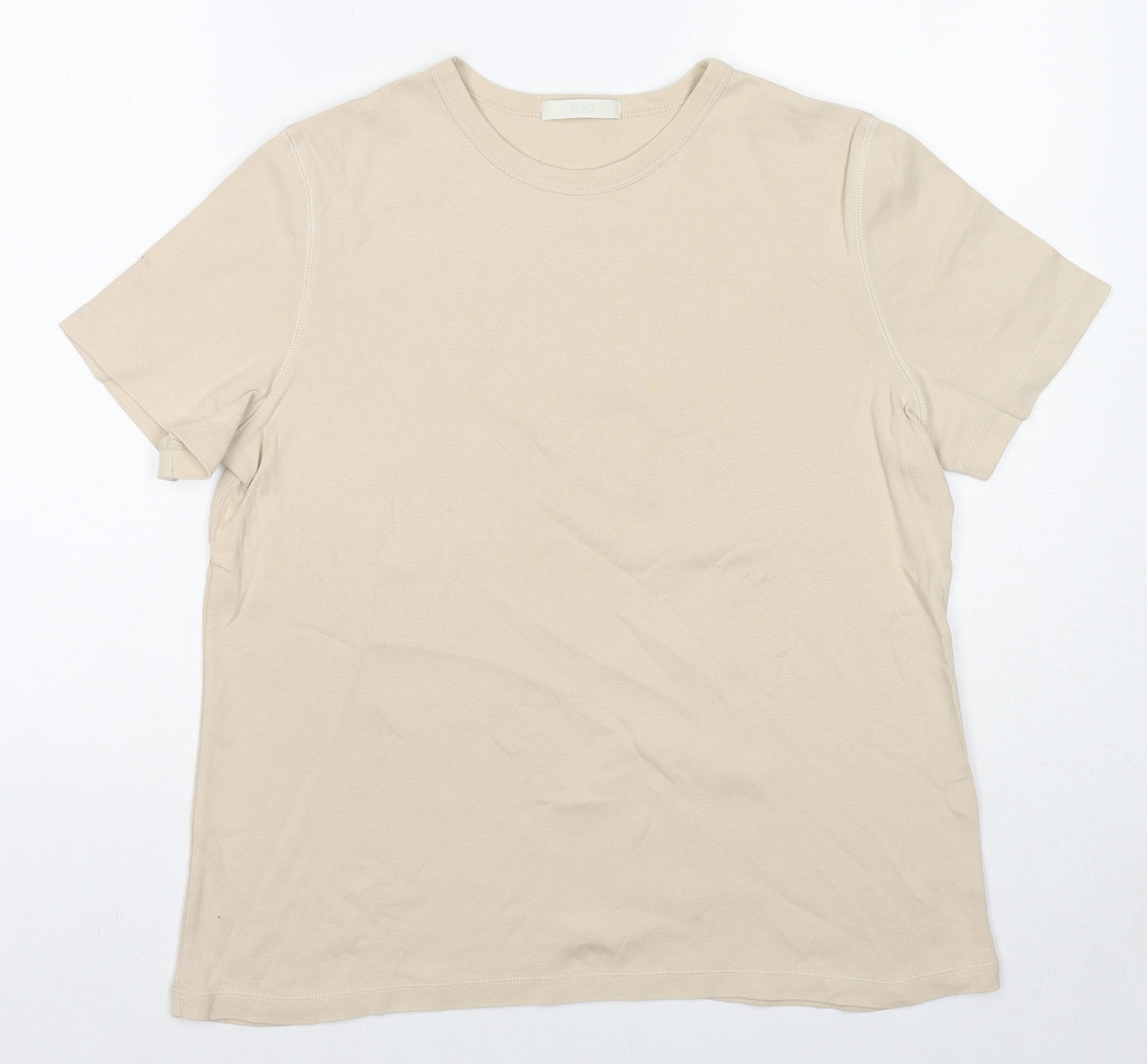 Marks and Spencer Womens Beige Cotton Basic T-Shirt Size 16 Round Neck