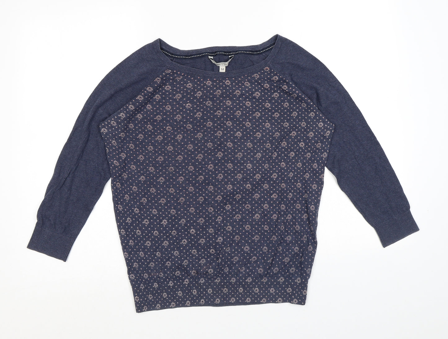 Fat Face Womens Blue Round Neck Geometric 100% Cotton Pullover Jumper Size 12