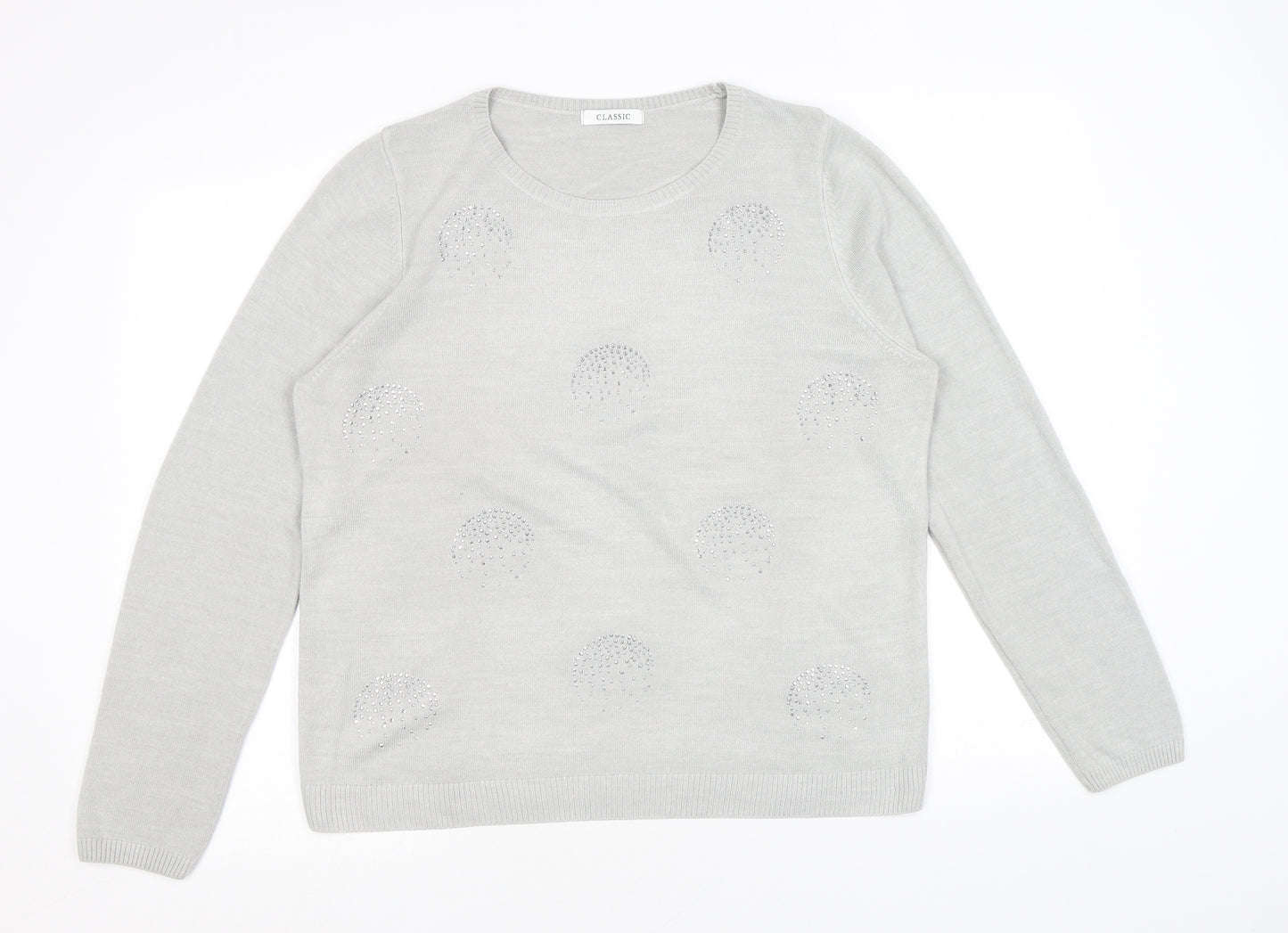 Classic Womens Grey Round Neck Acrylic Pullover Jumper Size 16