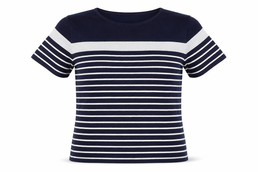 Front view of Casamia women’s blue round neck striped viscose jumper, size L