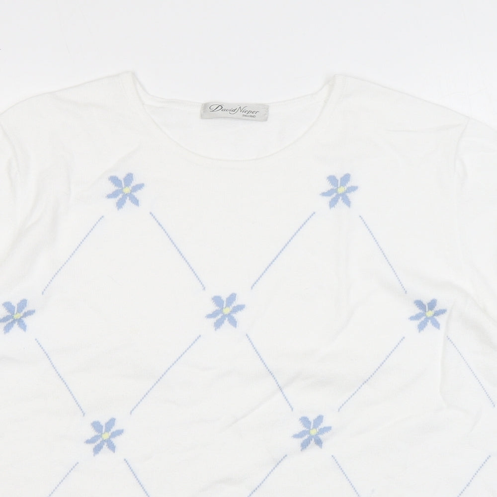 David Nieper Womens White Round Neck Floral 100% Cotton Pullover Jumper Size 16