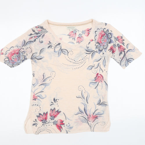 Monsoon Womens Pink V-Neck Floral Acrylic Pullover Jumper Size S
