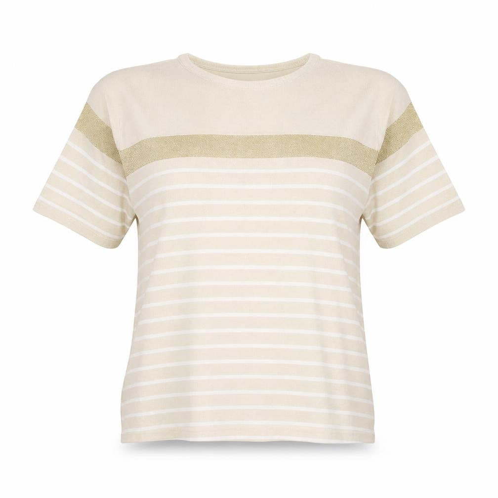 Front view of Casamia women’s beige round neck striped viscose jumper, size L