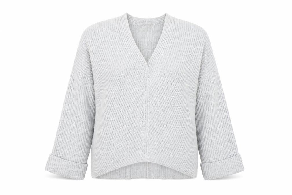 Front view of Topshop women’s grey v-neck acrylic jumper, size UK 14