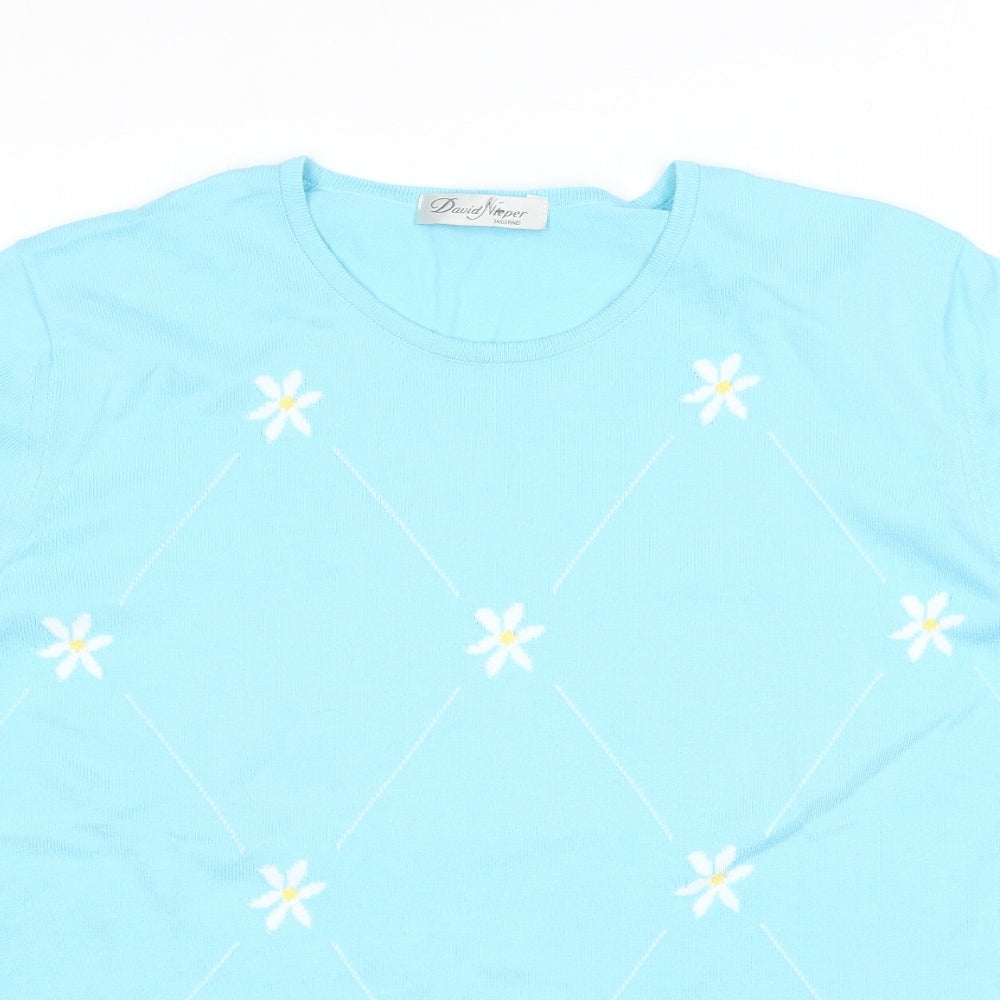 David Nieper Womens Blue Round Neck Floral 100% Cotton Pullover Jumper Size 16