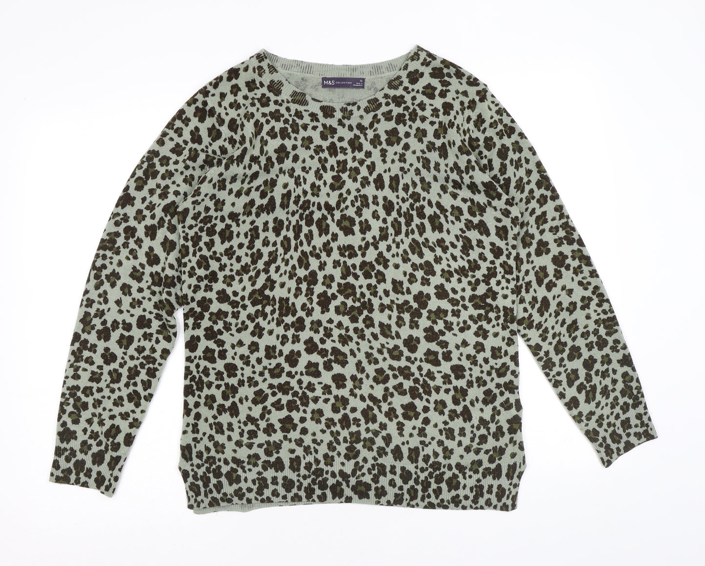 Marks and Spencer Womens Green Round Neck Animal Print Acrylic Pullover Jumper Size 12 - Leopard pattern