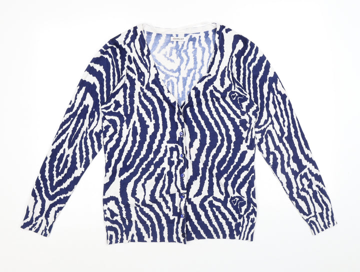 Damart Womens Blue V-Neck Geometric Viscose Cardigan Jumper Size 10 - Size 10-12
