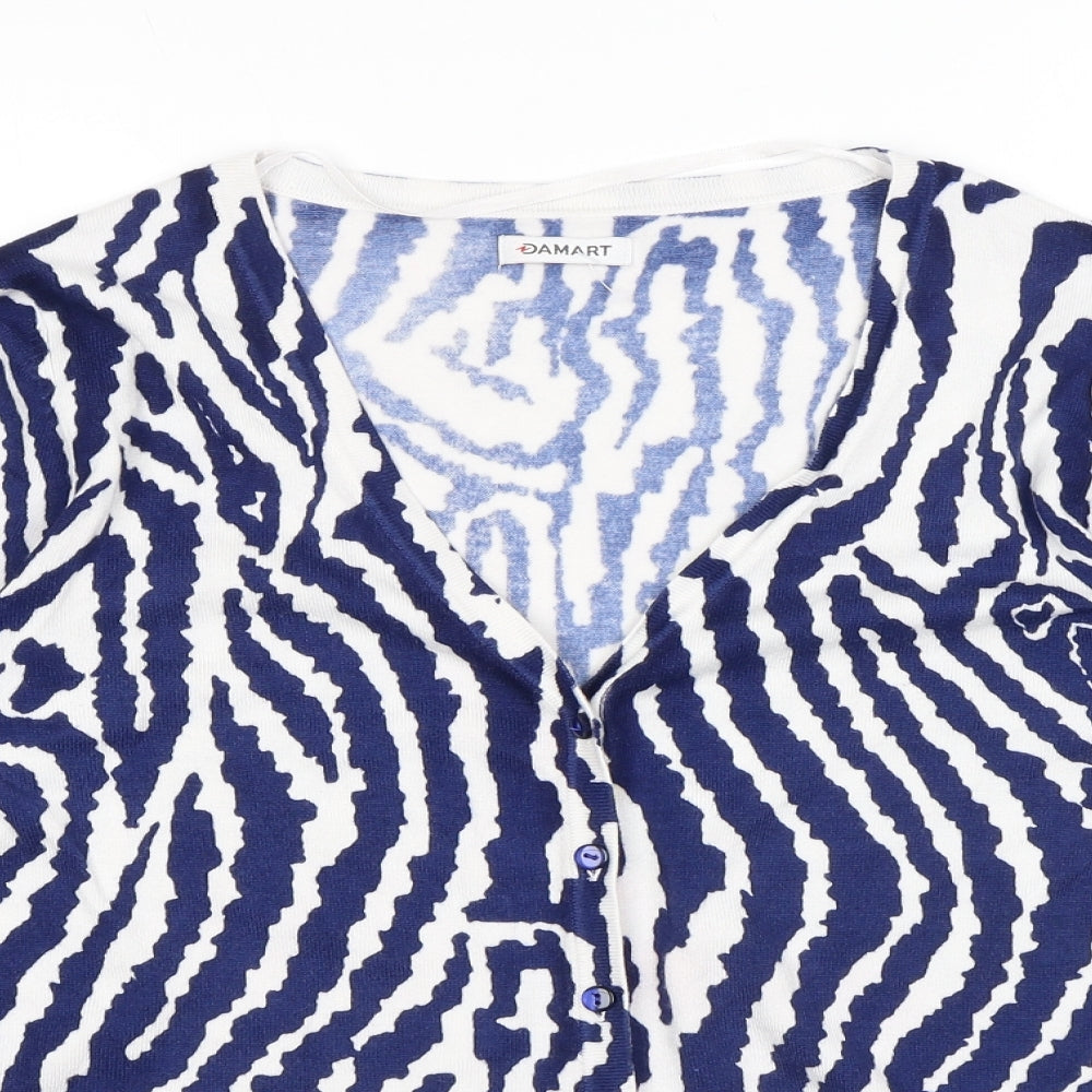 Damart Womens Blue V-Neck Geometric Viscose Cardigan Jumper Size 10 - Size 10-12
