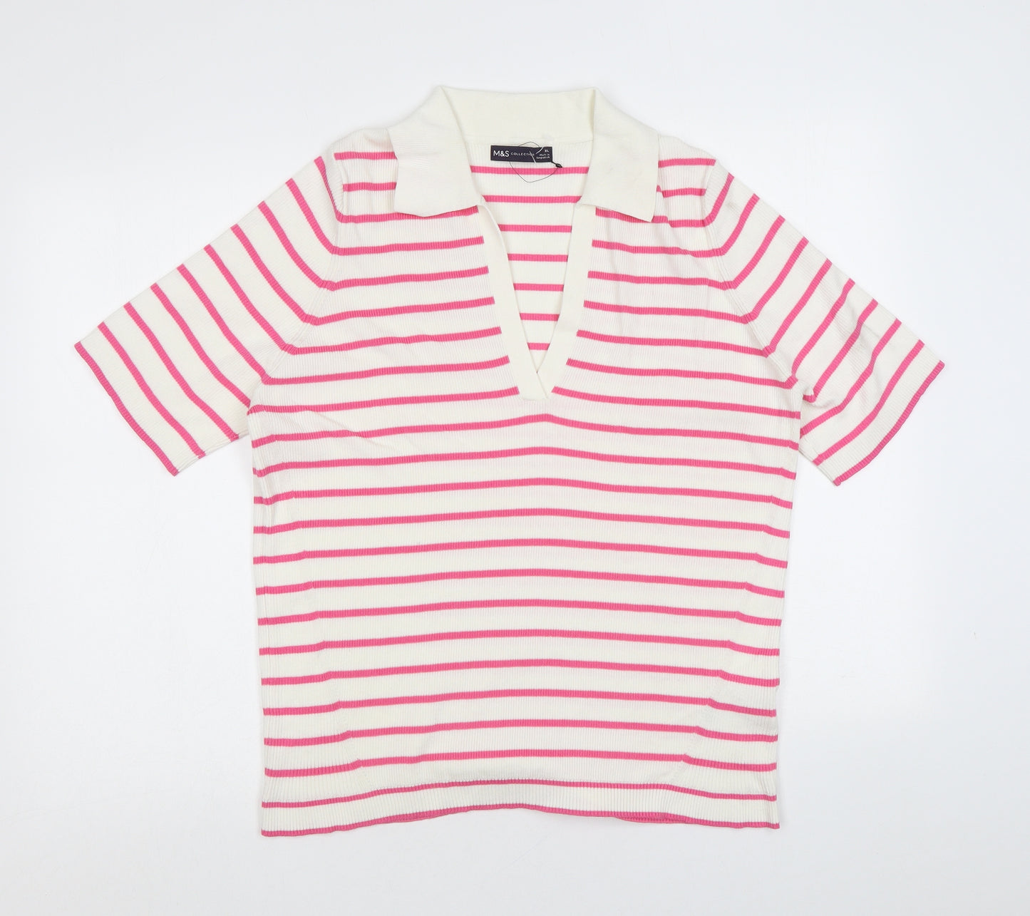 Marks and Spencer Womens Pink Collared Striped Cotton Pullover Jumper Size XL