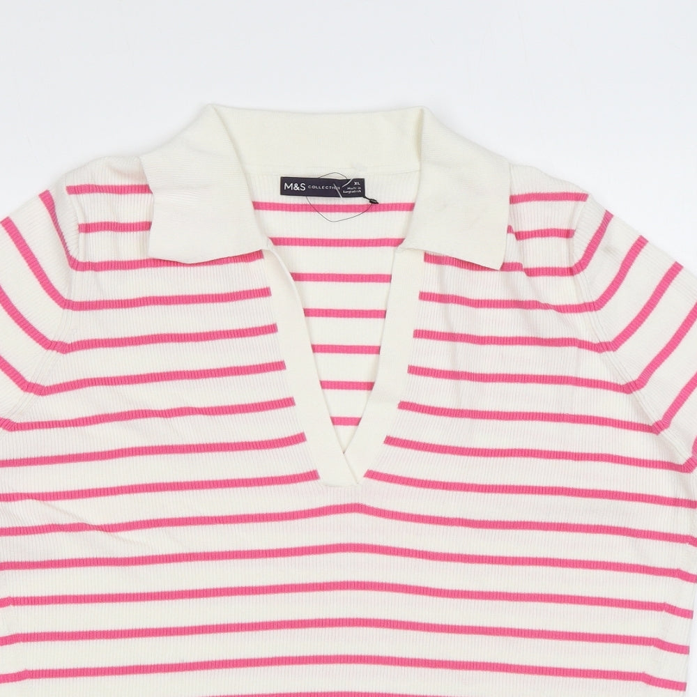 Marks and Spencer Womens Pink Collared Striped Cotton Pullover Jumper Size XL