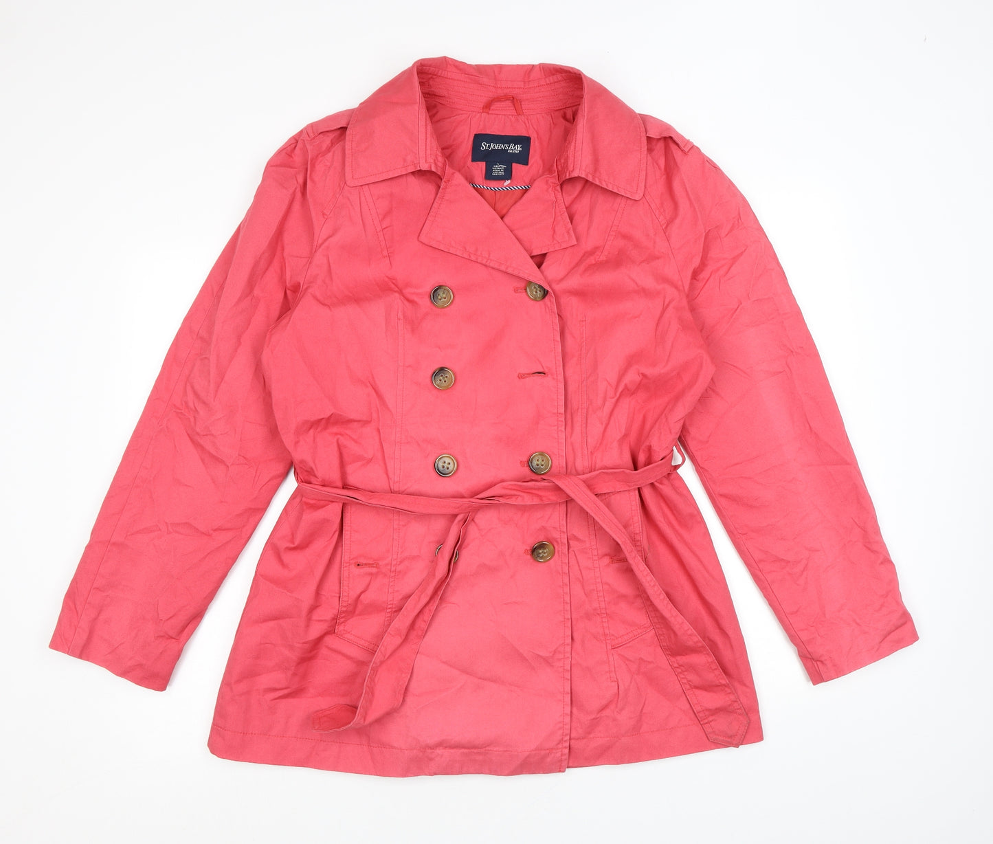 St. John's Bay Womens Pink Trench Coat Coat Size L Button
