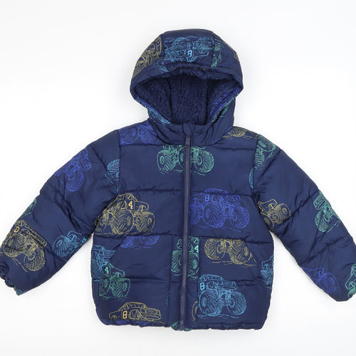 Marks and Spencer Boys Blue Puffer Jacket Coat Size 4-5 Years Zip - Tractor