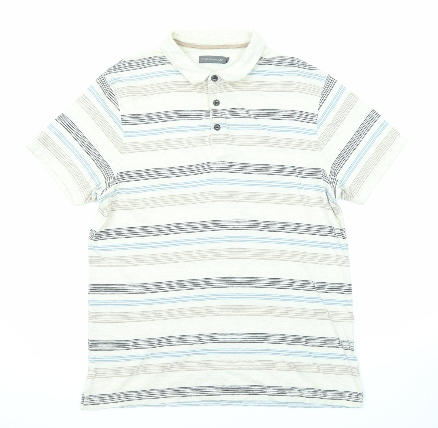 RJR.John Rocha Mens Beige Striped Cotton Polo Size M Collared Button
