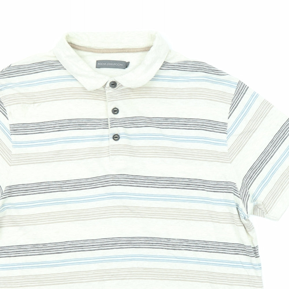 RJR.John Rocha Mens Beige Striped Cotton Polo Size M Collared Button