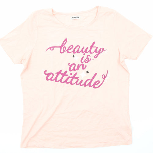 Avon Womens Pink Cotton Basic T-Shirt Size 12 Round Neck - Beauty Is An Attitude Size 12-14