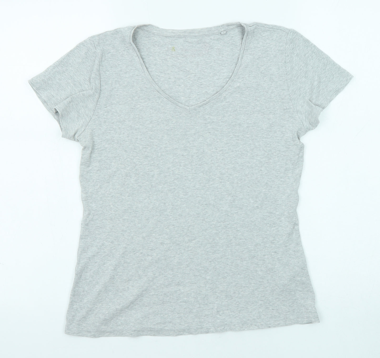 Marks and Spencer Womens Grey Cotton Basic T-Shirt Size 10 V-Neck