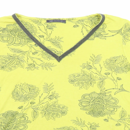 Marks and Spencer Womens Green Floral Viscose Basic T-Shirt Size 22 V-Neck
