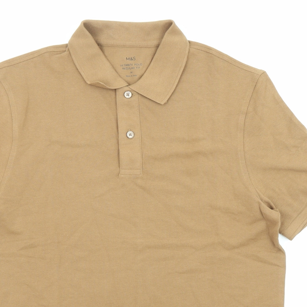 Marks and Spencer Mens Brown Cotton Polo Size M Collared Button