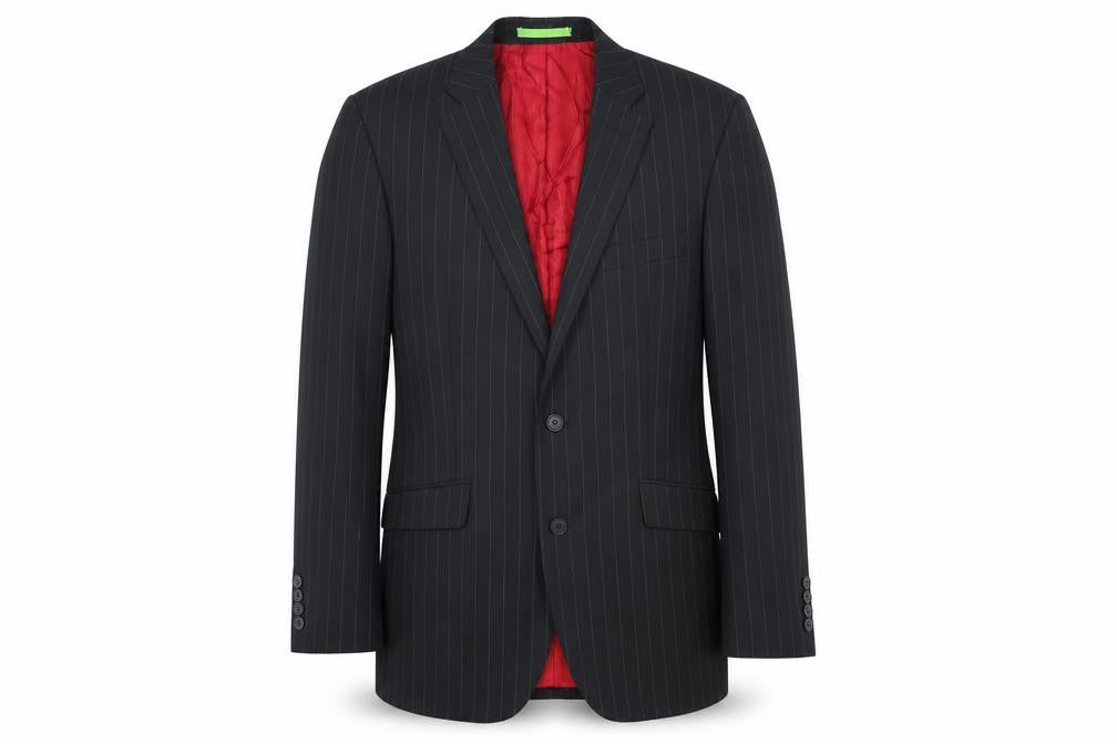 Front view of Limehaus men’s black striped wool jacket suit jacket, size 38, regular