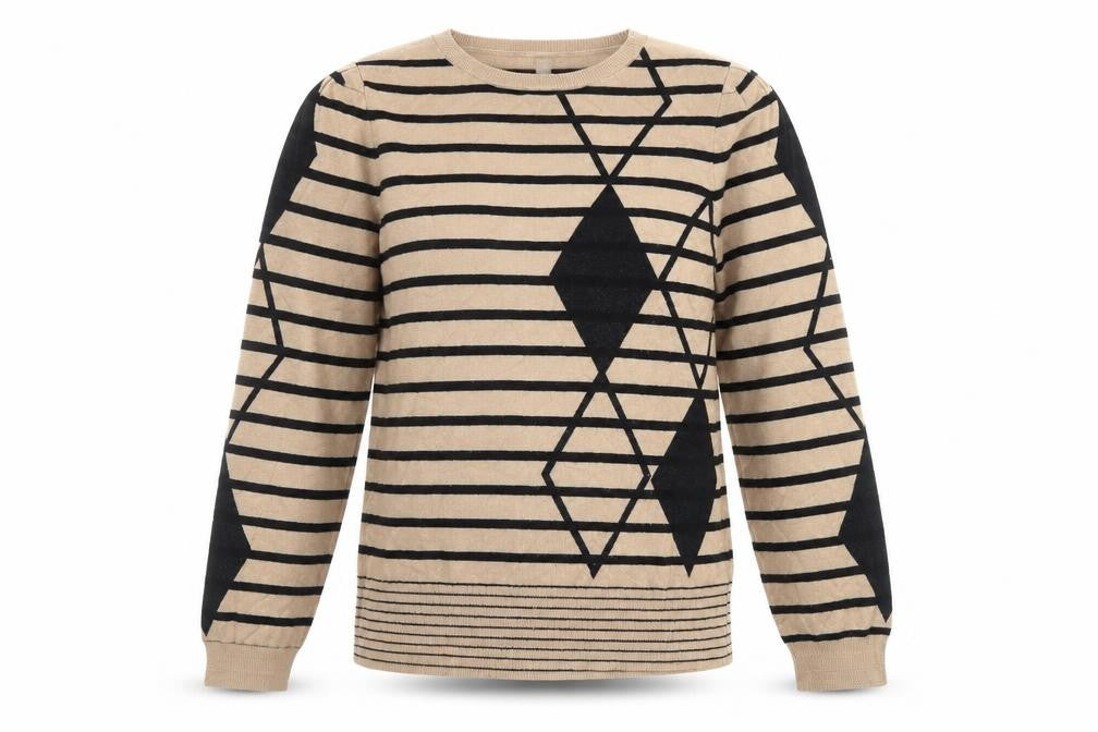 Front view of Next women’s beige crew neck striped viscose jumper, size S