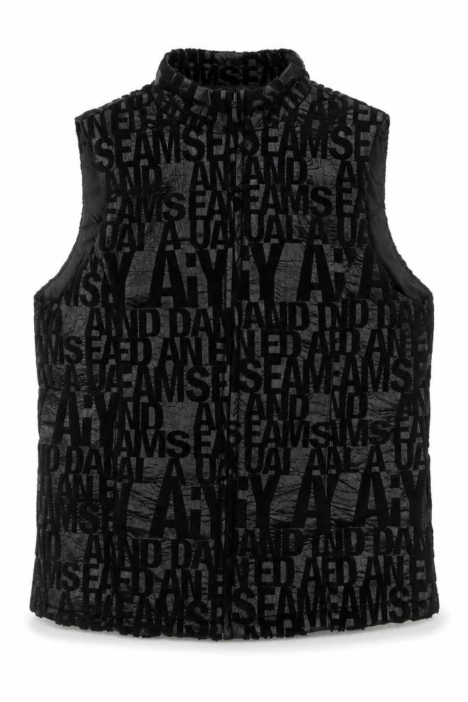 Front view of Signature Experience women’s black geometric gilet jacket, size M, zip