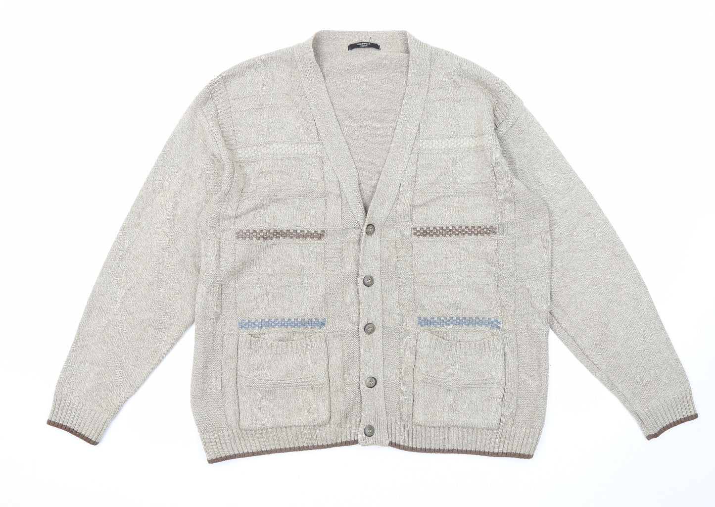 St Michael Mens Beige V-Neck Acrylic Cardigan Jumper Size M Long Sleeve - Crochet Detail