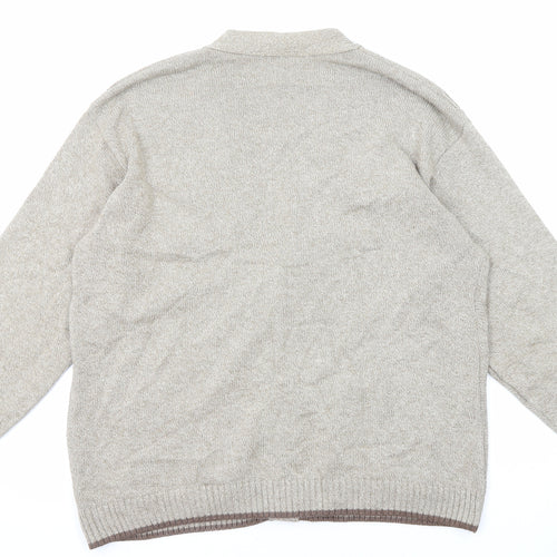 St Michael Mens Beige V-Neck Acrylic Cardigan Jumper Size M Long Sleeve - Crochet Detail