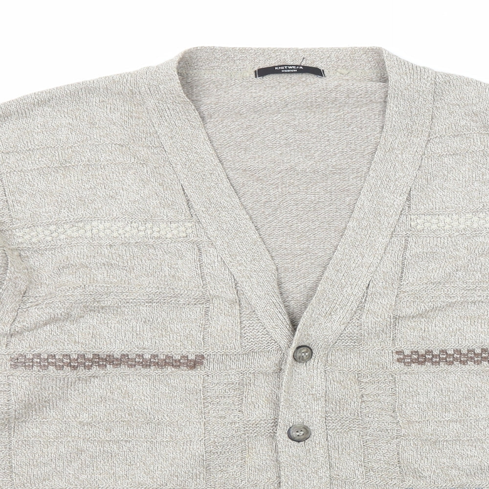 St Michael Mens Beige V-Neck Acrylic Cardigan Jumper Size M Long Sleeve - Crochet Detail