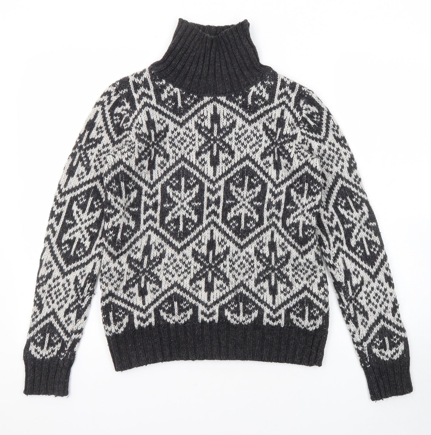 H&M Womens Black High Neck Fair Isle Wool Pullover Jumper Size XS