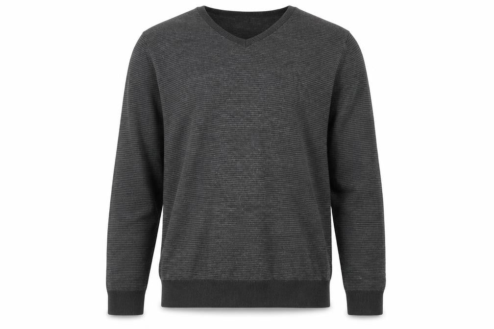 Front view of Marks & Spencer men’s grey v-neck acrylic jumper, size M, long sleeve