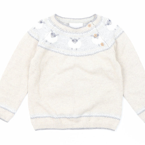 The White Company Boys Beige Round Neck Cotton Pullover Jumper Size 2-3 Years Button - Sheep Detaling