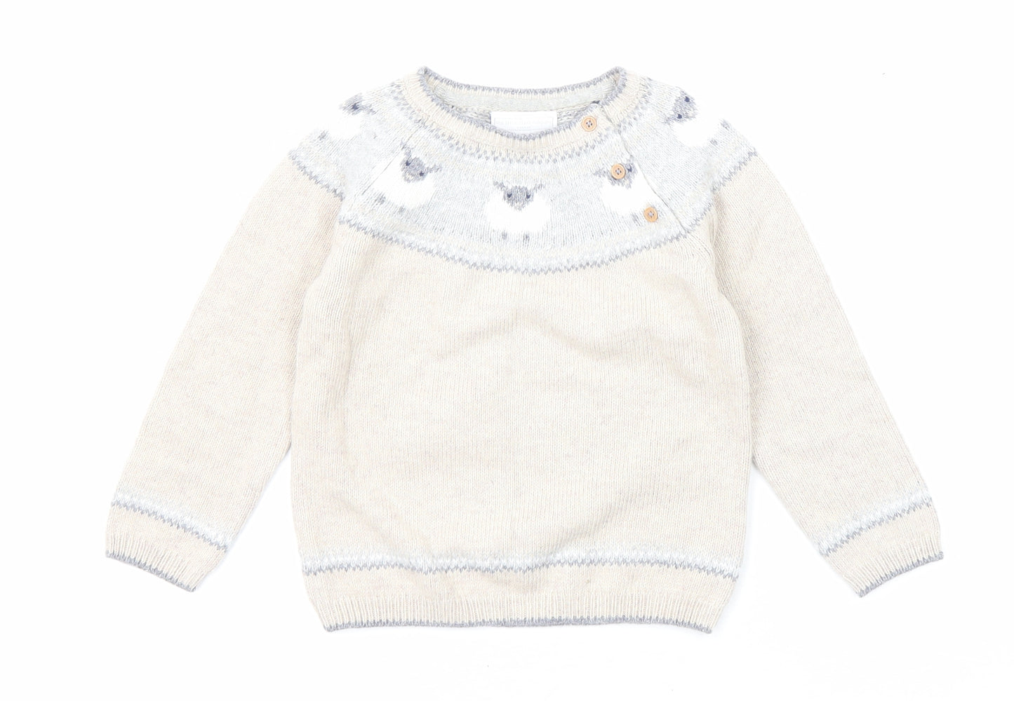 The White Company Boys Beige Round Neck Cotton Pullover Jumper Size 2-3 Years Button - Sheep Detaling