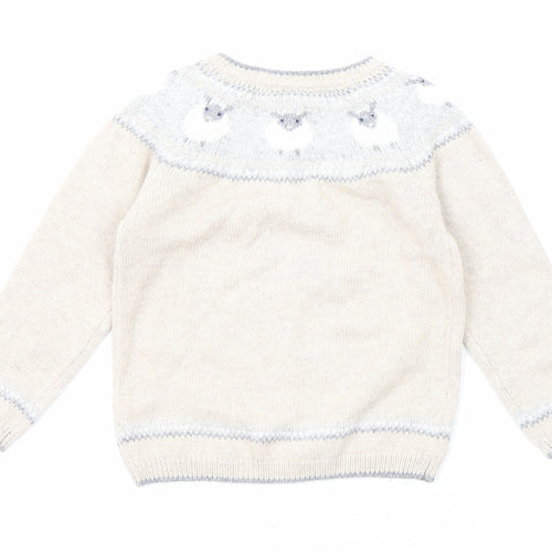 The White Company Boys Beige Round Neck Cotton Pullover Jumper Size 2-3 Years Button - Sheep Detaling