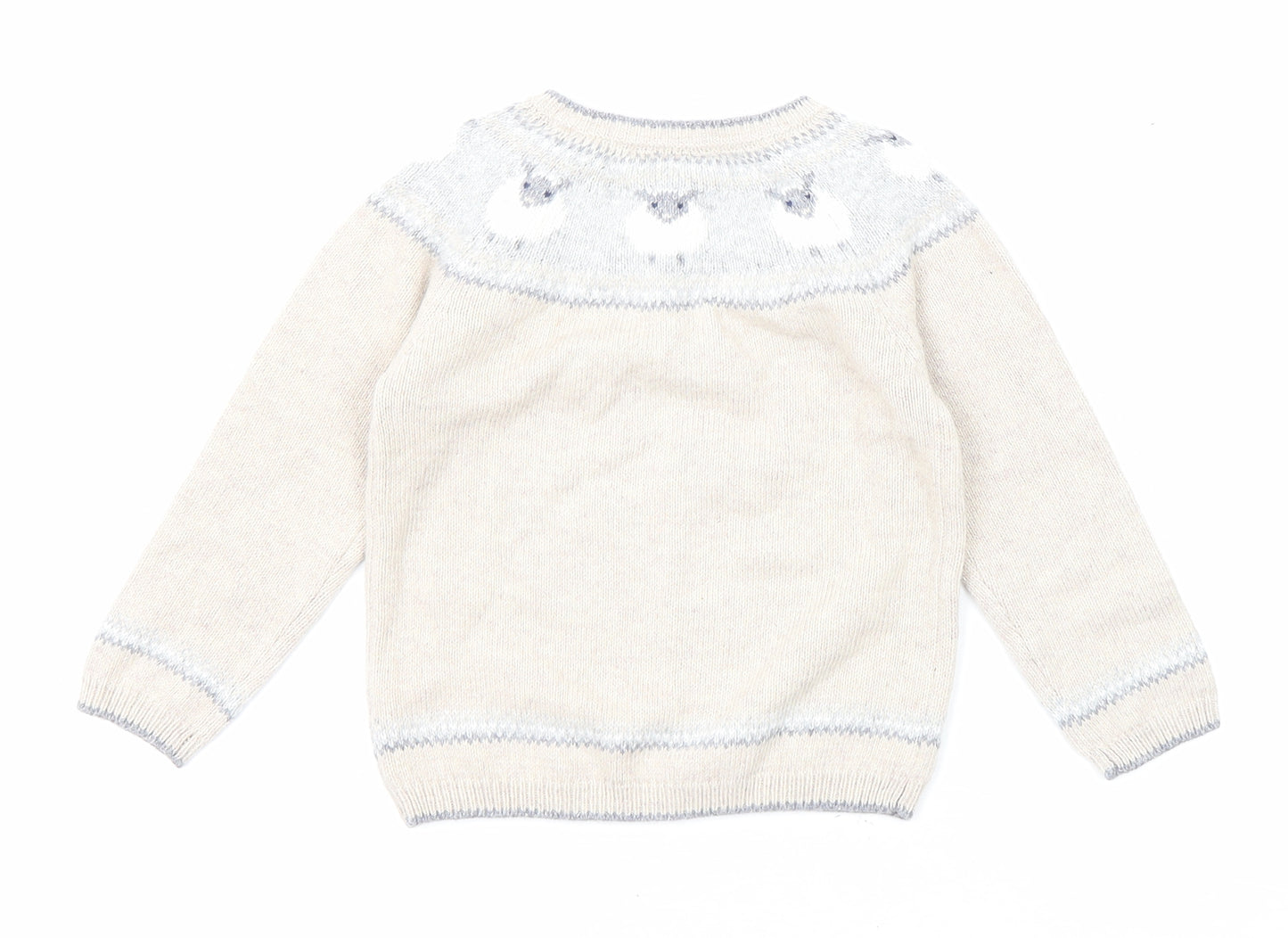 The White Company Boys Beige Round Neck Cotton Pullover Jumper Size 2-3 Years Button - Sheep Detaling