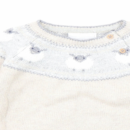 The White Company Boys Beige Round Neck Cotton Pullover Jumper Size 2-3 Years Button - Sheep Detaling