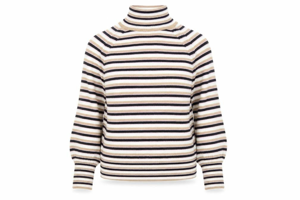 Front view of Marks & Spencer women’s multicoloured roll neck striped acrylic jumper, size XS